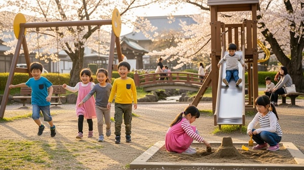 希望ヶ丘文化公園のアスレチックで遊ぶ子供のイメージ画像