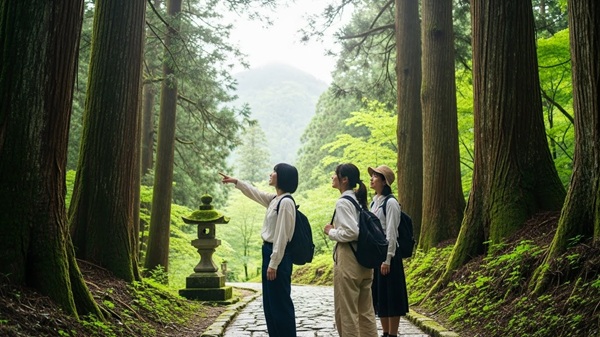 比叡山観光のモデルコースを行く女性たち
