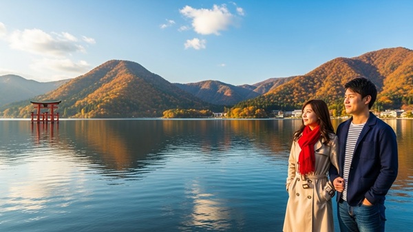 琵琶湖の日帰り観光を楽しむ男女