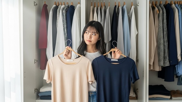 琵琶湖の天気情報を見て服装を悩む女性