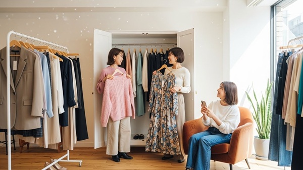 彦根の天気情報を見て服装を選ぶ女性