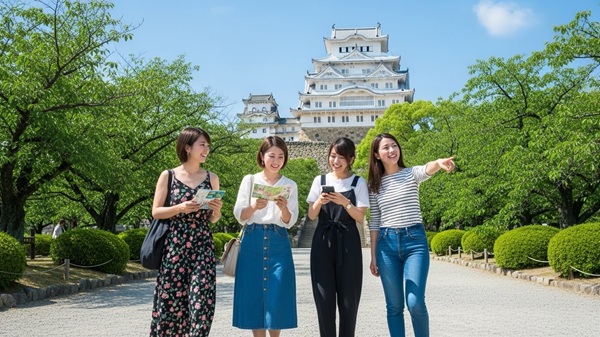 彦根観光のモデルコースを巡る女性たち