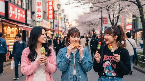 長浜観光で食べ歩きする女性たち