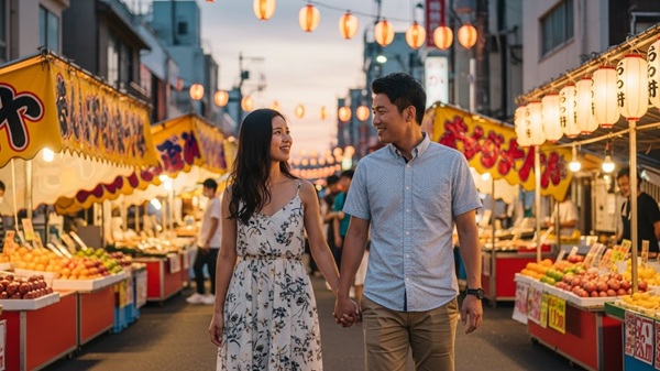 夏の滋賀でデートするカップル