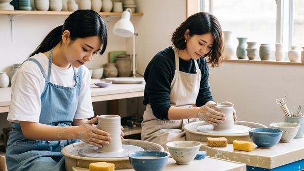 おしゃれな信楽焼作りを体験する女性