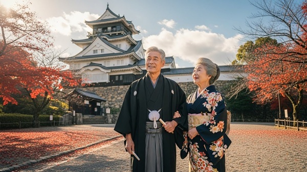 彦根城を観光する高齢者