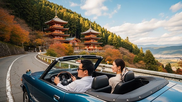 延暦寺の観光モデルコースを車で巡るカップル