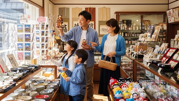 黒壁スクエアのお土産を選ぶ家族