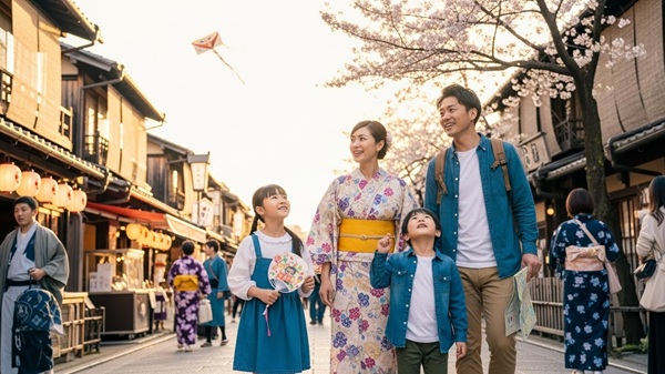 関西の混まない観光地にいる家族