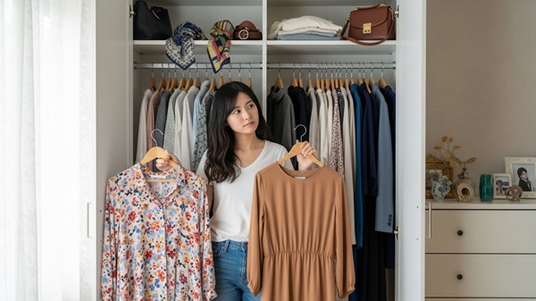 近江八幡で天気に応じて着ていく服装を選ぶ女性