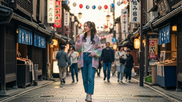 近江八幡の新町通りを食べ歩きする女性