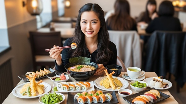 滋賀のボリュームある定食を食べる女性