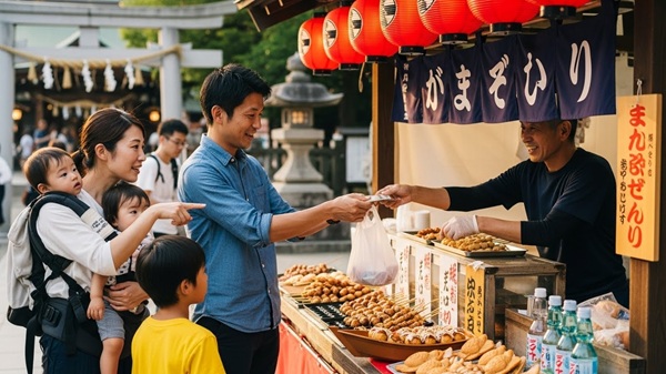 滋賀県の初詣の屋台を訪れる家族