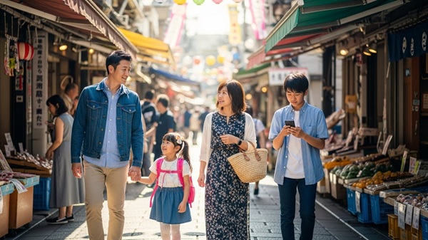 人が少ない関西の観光地に行く家族