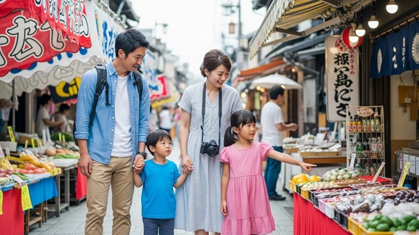 長浜の日帰り観光モデルコースを行く家族