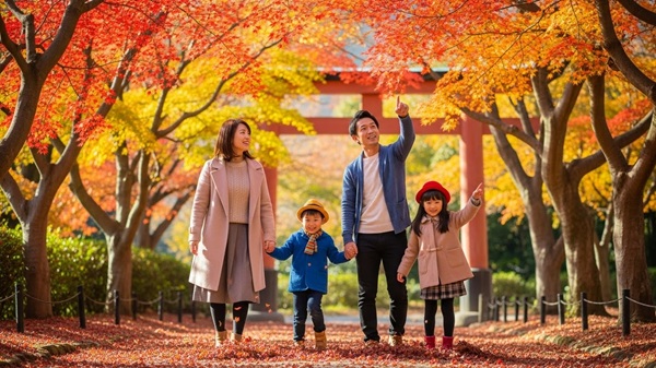 石山寺の見頃の紅葉を見る家族