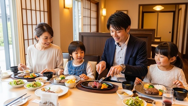 石山寺の近江牛ランチ を食べる家族