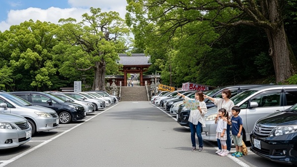 石山寺の混雑する駐車場にいる家族