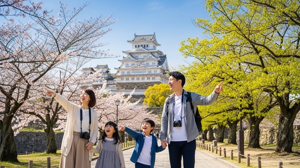 彦根市を子供と観光する男女