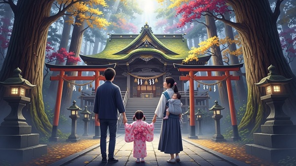 都久夫須麻神社のご利益にあずかる家族