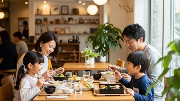 米原市でおすすめランチを食べる家族