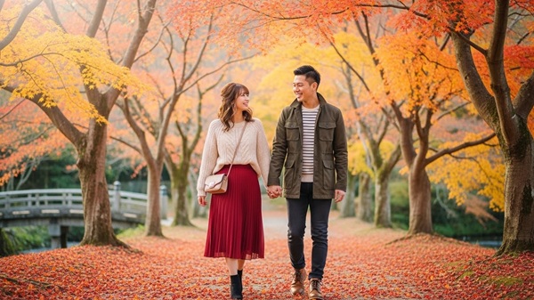 滋賀の秋のデートスポットを巡るカップル