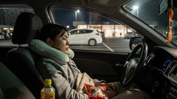 滋賀県の道の駅で車中泊をする女性