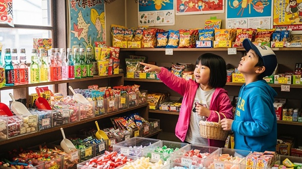 滋賀県の駄菓子屋にいる子供