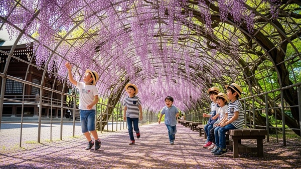惣社神社の大藤で遊ぶ子供