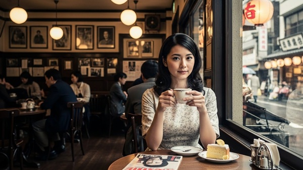 滋賀のレトロな喫茶店でくつろぐ女性