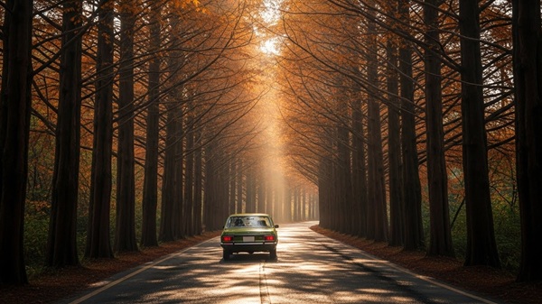 メタセコイア並木をドライブする人