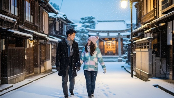 冬に滋賀でデートするカップル