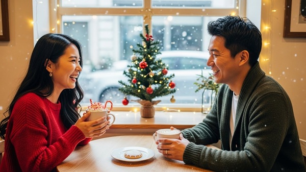 クリスマスのカフェで過ごす滋賀のカップル
