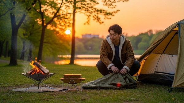 湖岸緑地志那2でキャンプをする男性