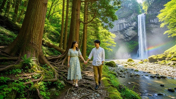 滋賀の自然の中をデートするカップル