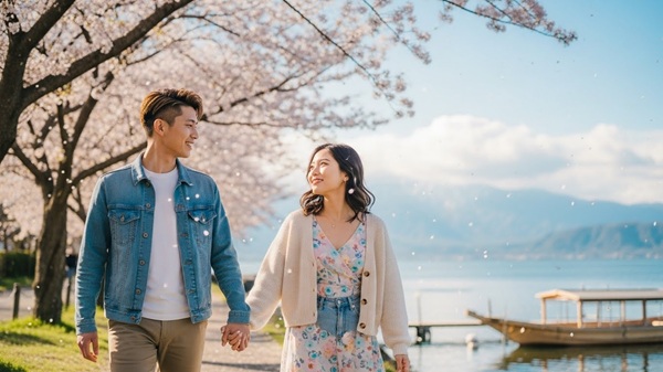 滋賀の春のデートスポットを巡るカップル