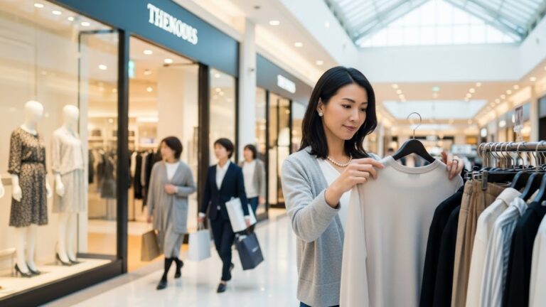 竜王アウトレットでブランド服を見る女性