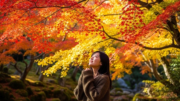 関西の紅葉穴場スポットでくつろぐ女性