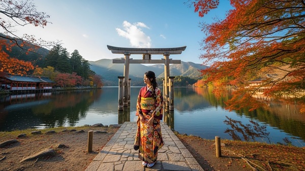 白髭神社のスピリチュアルな魅力に取りつかれる女性