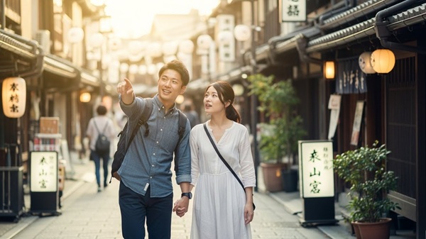 滋賀県でおすすめされた大人旅コースを楽しむ男女