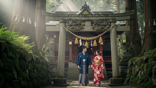 天孫神社のご利益にあずかる男女