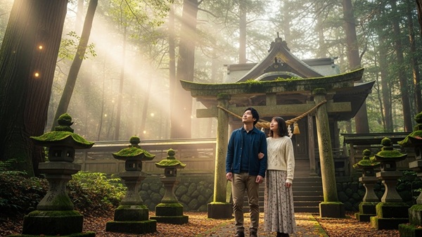 長浜八幡宮のご利益に喜ぶ男女
