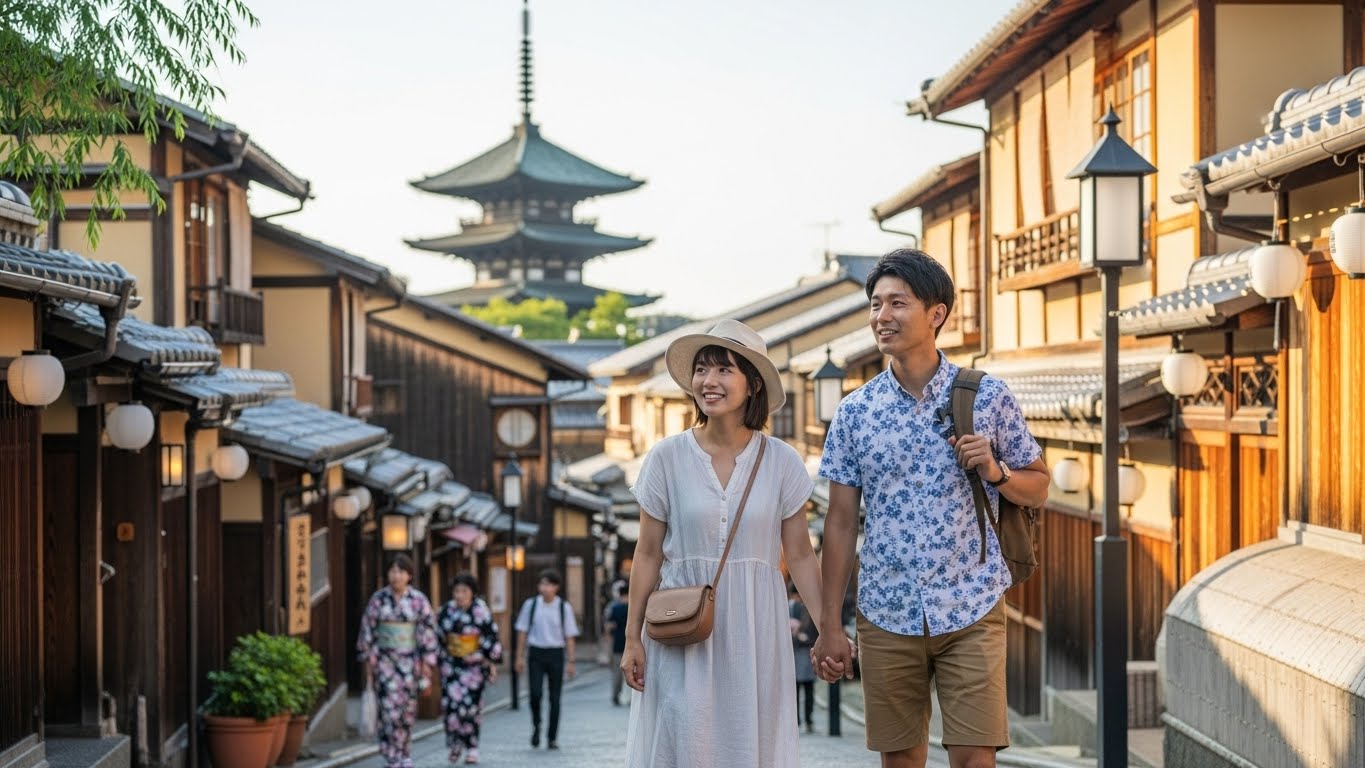 関西をのんびり観光する男女