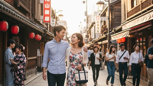 関西で車なしで徒歩で観光する男女