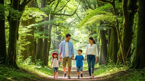 関西で子連れで自然の中を観光する家族