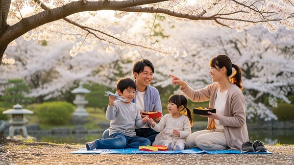 関西の穴場で桜を見る家族