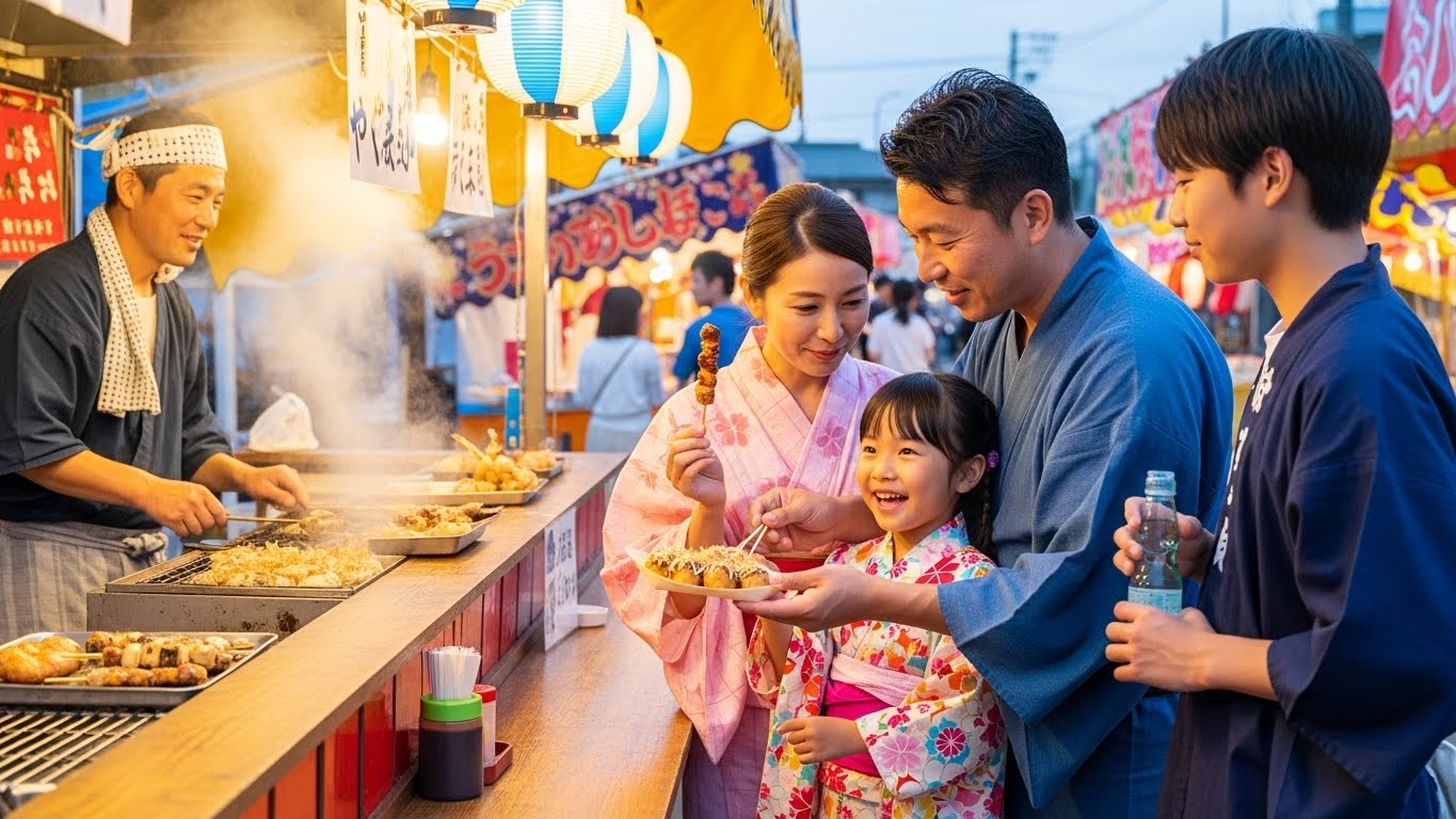 滋賀県のお祭り屋台にいる家族