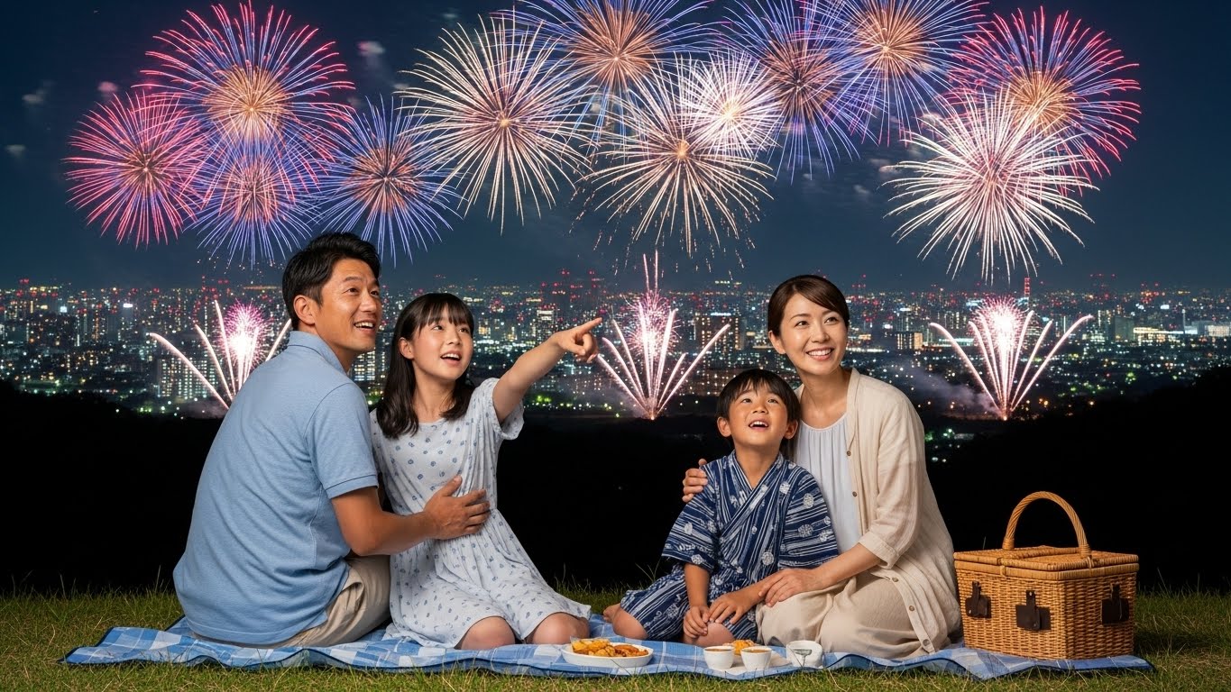 瀬田花火大会の穴場で花火を見る家族