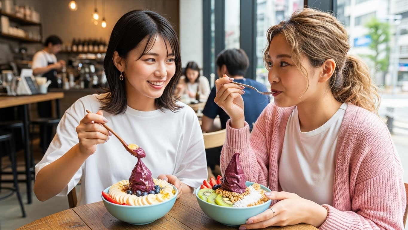 大津でアサイーボウルを食べる女子