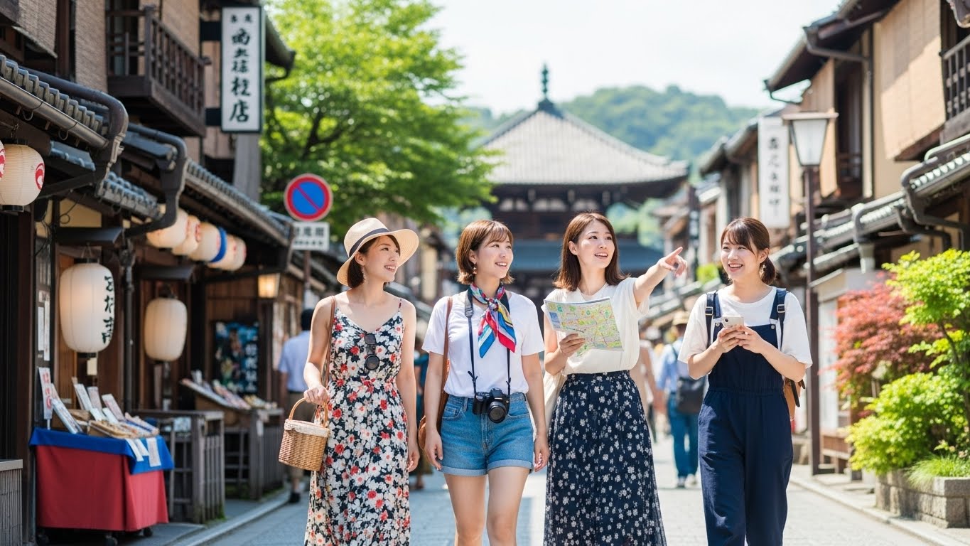 夏の涼しい関西の観光地を旅する女性